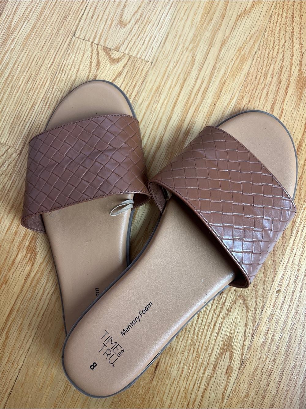 Time and Tru Tan Brown Woven Slide Sandals